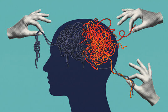 Silhouette of Human Head with Tangled Strings Representing Complex Thoughts and Hands Untangling for Mental Clarity Illustration