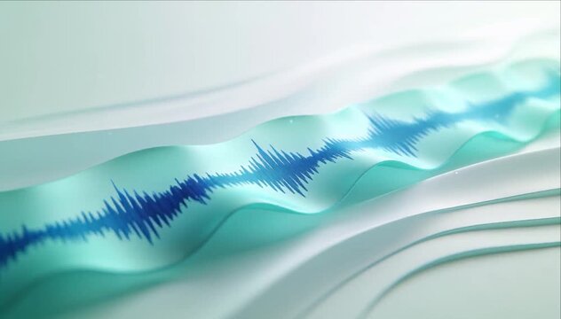 Abstract wave form layered aqua surface with blue audio line, clean futuristic background, digital sound visual, flowing aqua ribbon, soft light, calm motion, clean white background, SEO optimized