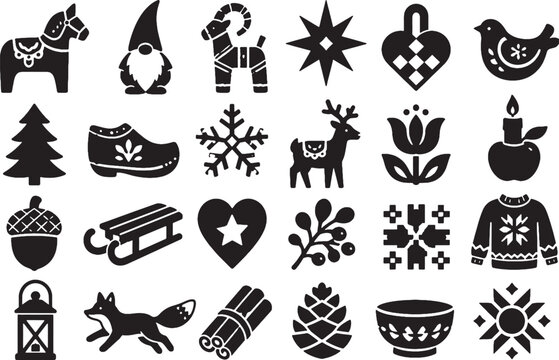 Nordic Scandi Folk Art Christmas Winter Icon Set - Minimalist Vectors