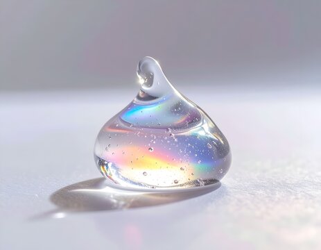 Iridescent Glass Droplet with Rainbow Light Reflection on a White Surface