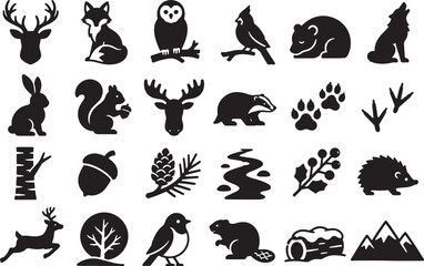 Obraz premium Winter Wildlife Snowy Forest Animal Woodland Icon Set - Minimalist Vectors