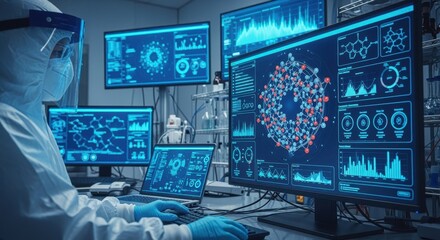 Fototapeta premium Realtime data visualization on multiple screens guiding the synthesis of novel antiviral compounds in a highcontainment research environment.