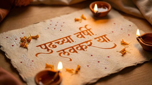 Marathi Calligraphy Pudhchya Varshi Lavkar Ya with Floral Decor