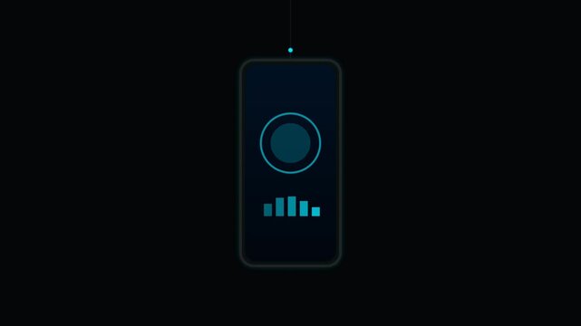 Infographic motion graphics animation illustrating an IoT smart home network where a smartphone app connects to a router, smart bulb, robot vacuum, thermostat, and security camera