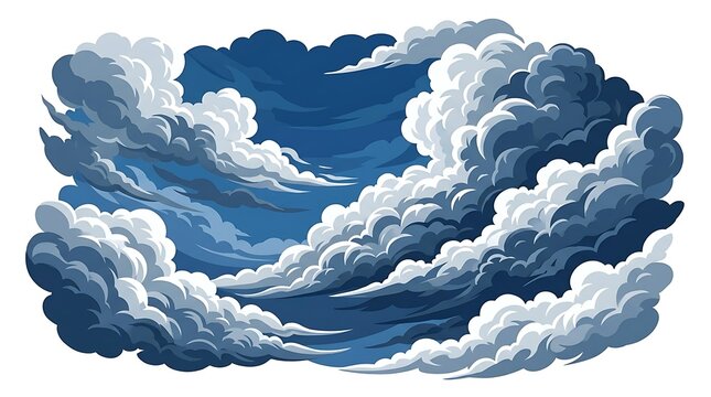 Dramatic blue and white billowing storm clouds on white background