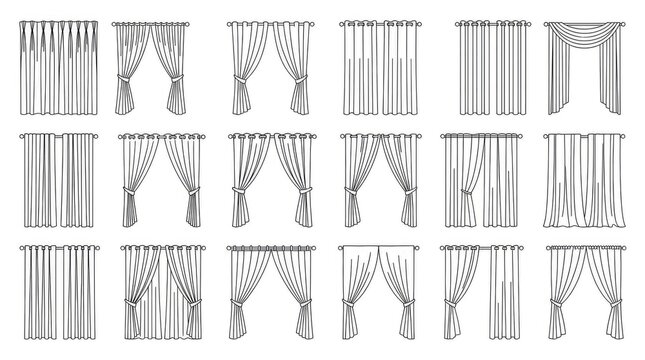 Assorted window curtain and drapery sketch collection.