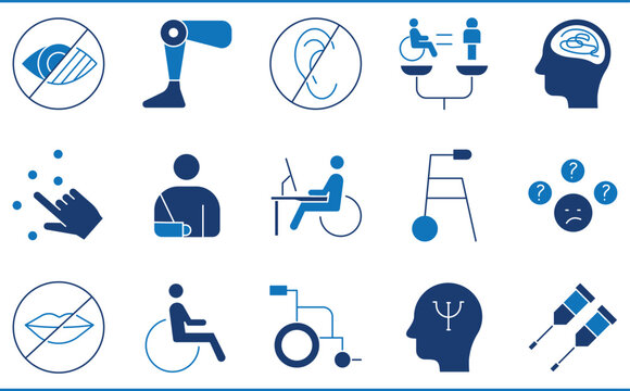 A set of icons related to Disability. Disabled, mental, physical, eyes, ears, mute, work, broken, blind, and so on.