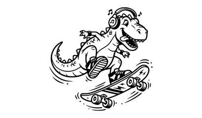 T-Rex Dinosaur Skateboarding Cartoon Character Wearing Headphones Performing Trick Vector Illustration Design © MdShagarAli