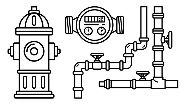 Line art illustration of water meter, pipes, and hydrant.