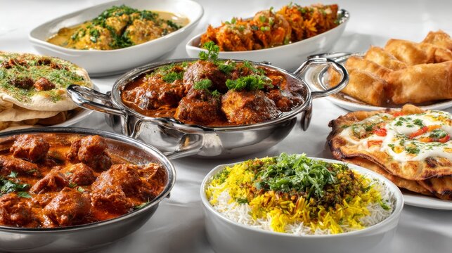 Indian food buffet spread with chicken tikka masala, curry, samosas, rice and traditional side dishes on white table, authentic indian cuisine feast, colorful restaurant buffet, gourmet food photograp