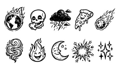 Hand Drawn Doodle Icon Set Collection of Burning Earth Skull Storm Pizza Comet and Moon Vector Illustration © MdShagarAli