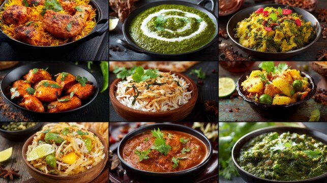 Indian food collage featuring assorted traditional cuisine with chicken tikka, biryani, palak paneer, vegetable curry, dal, jeera aloo, palak sabzi, papad and authentic homemade indian dinner feast