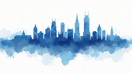 Obraz premium Watercolor blue skyline of Brussels with flowing brush textures on white background