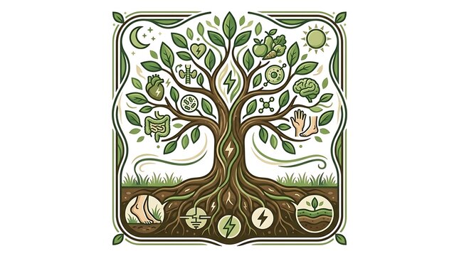 Holistic health tree showing connection between human body and nature