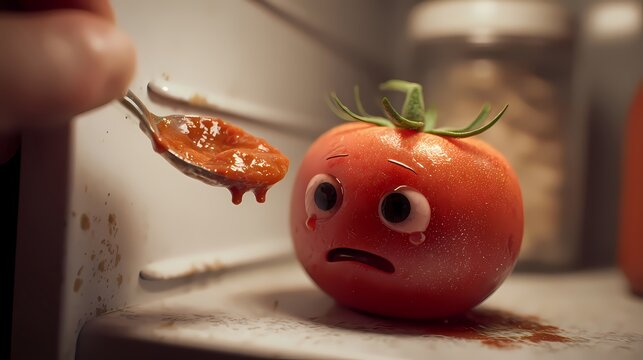 Tomato character cries in a cold refrigerator.