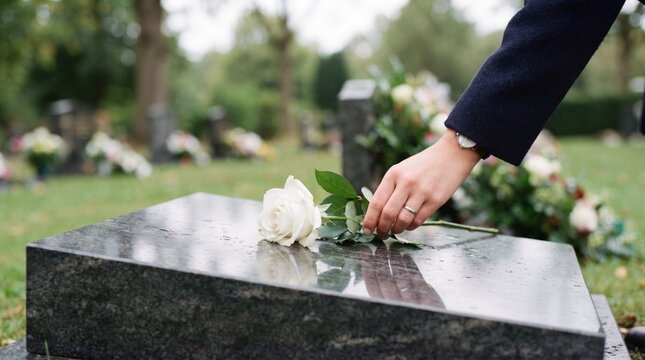 Person placing a rose on a gravestone. Memorial tribute and remembrance scene.