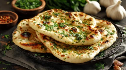 Indian naan bread with fresh herbs and garlic seasoning served on plate, authentic homemade flatbread, traditional indian cuisine, rustic bakery food, soft golden garlic naan, delicious side dish for  © Nasreen