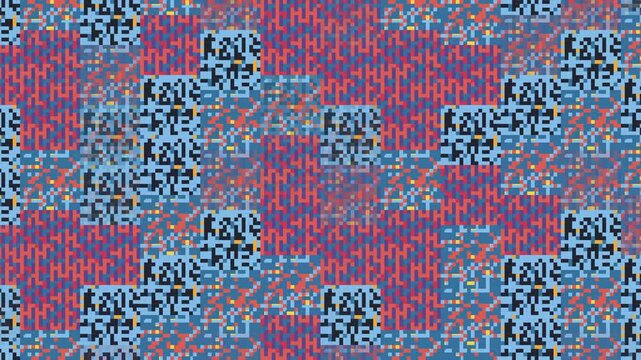 Seamless pixel pattern loop in blue, red, orange - trendy animated 4K motion background for video editing, social media and presentation