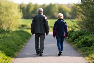 Obraz premium Couple of seniors walking on a nature path in a park during their retired life