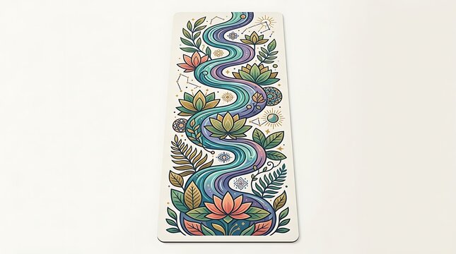 Yoga mat with botanical and celestial lotus pattern on white background