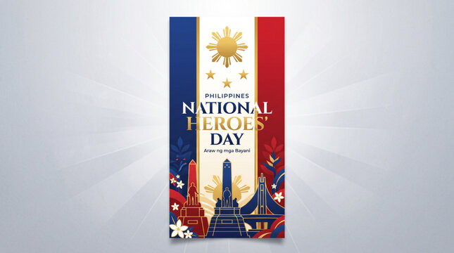 Philippines National Heroes Day banner featuring flowing Philippine flag ribbons, patriotic colors, and national symbols. Perfect for commemorative events, greeting cards, social media, posters.