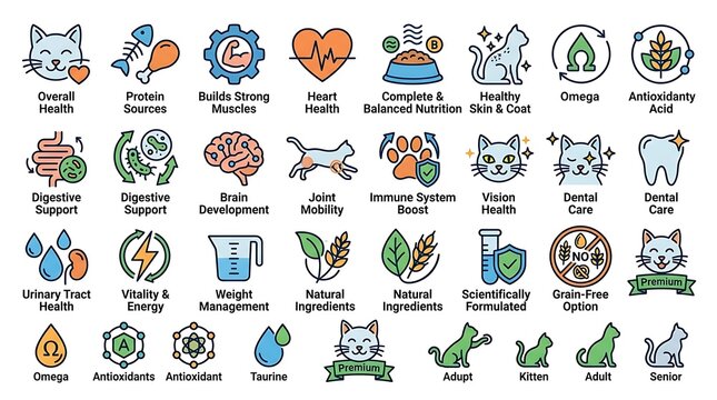 Pet food and feline health icons for animal wellness
