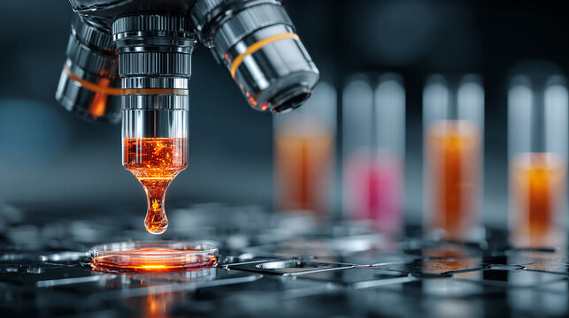Microscope analyzing medical sample. Laboratory research with test tubes and chemical liquid.