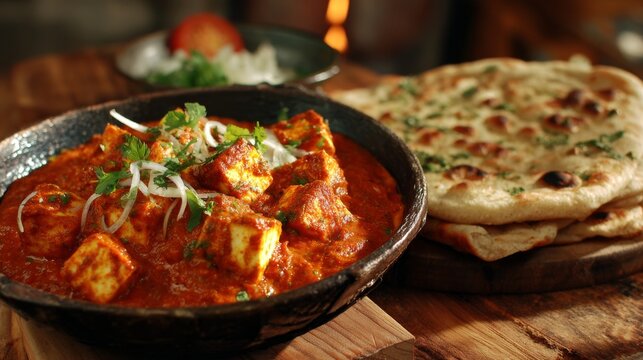 Paneer butter masala with roti, creamy indian cottage cheese curry, traditional north indian vegetarian dinner, diwali festival food, homemade tomato butter gravy, authentic indian cuisine, comfort fo