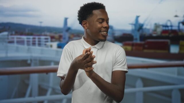 African american man in white polo by ship railing holds hand up near building on cruise deck; confidence.