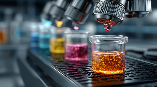 Laboratory liquid testing. Chemical research with colorful samples in glass beakers.