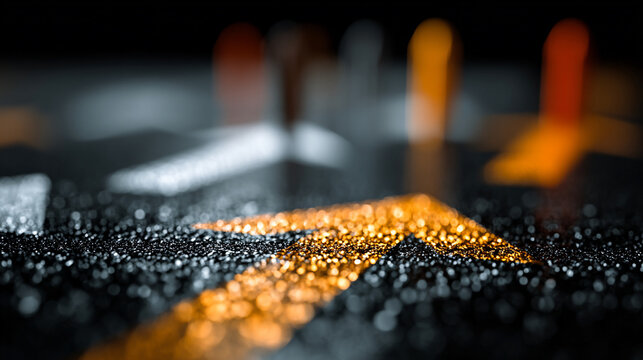 Golden arrow pointing forward on dark surface. Business growth concept and strategic direction.
