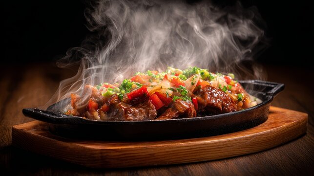 Steaming hot sizzler served on rustic wooden table with grilled meat, fresh vegetables, flavorful sauce, rising steam, restaurant style gourmet meal, homemade comfort food, delicious dinner presentati