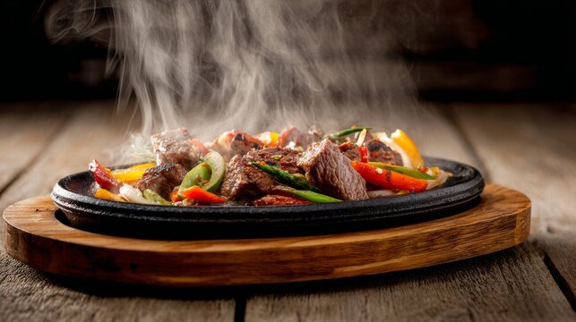 Steaming hot sizzler served on rustic wooden table with grilled meat, fresh vegetables, flavorful sauce, rising steam, restaurant style gourmet meal, homemade comfort food, delicious dinner presentati
