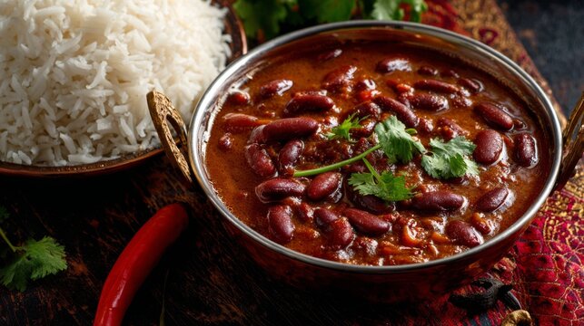 Rajma curry or rajma masala in traditional indian style, flavorful red kidney bean curry with rich tomato onion gravy, homemade vegetarian comfort food served fresh, authentic north indian cuisine
