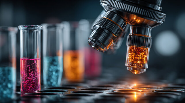 Microscope and test tubes in laboratory. Scientific research with chemical liquid samples.