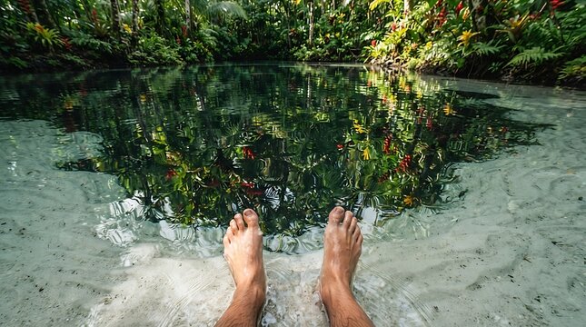 Feet dipping into crystal clear water surrounded by lush green jungle foliage.