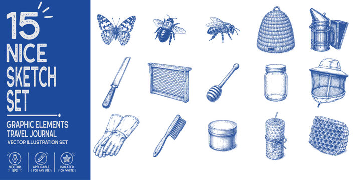 Nice Provence-Alpes-C&ocirc;te d'Azur travel journal collection. Hand drawn Mediterranean beekeeping heritage sketch vector illustration set featuring honey bee and traditional apiary tools