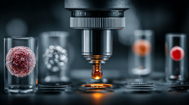 Microscope analyzing biological samples. Scientific research in a modern laboratory setting.