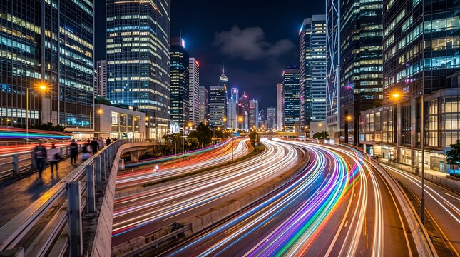 Night city traffic light trails on a highway with modern skyscrapers and pedestrians