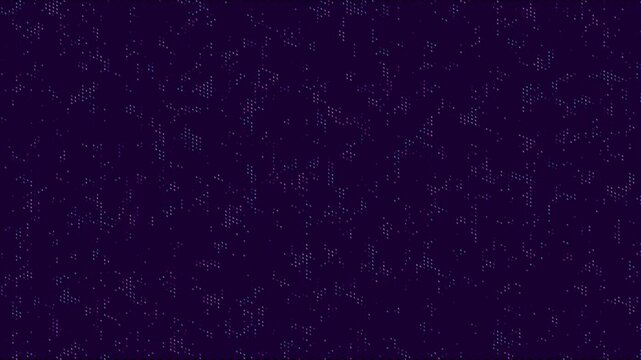 Tiny blue and white dots move slow on deep dark purple background. Minimal particle noise field with soft flicker motion, seamless abstract loop