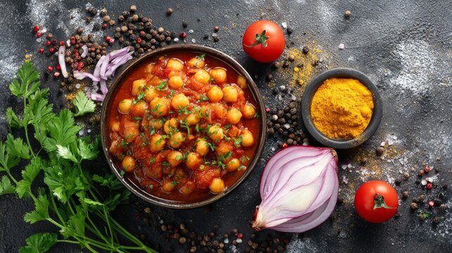 Top view of authentic chole masala with tender chickpeas, tomatoes, cumin, onion rings and fresh parsley in bowl, traditional indian vegetarian curry served on gray concrete background, flavorful home