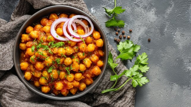 Top view of authentic chole masala with tender chickpeas, tomatoes, cumin, onion rings and fresh parsley in bowl, traditional indian vegetarian curry served on gray concrete background, flavorful home