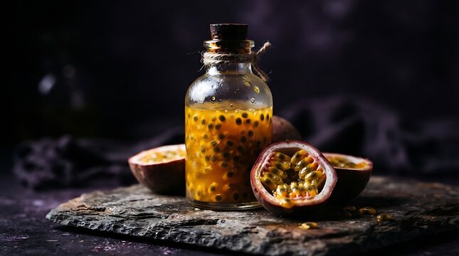 A bottle of passion fruit juice with fresh passion fruits on a dark background.