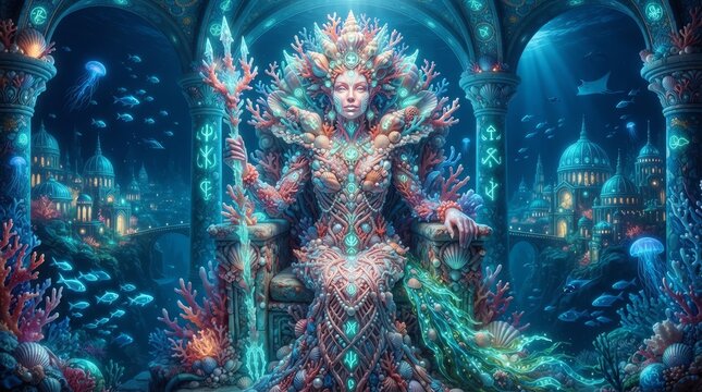 Underwater queen sitting on a coral throne