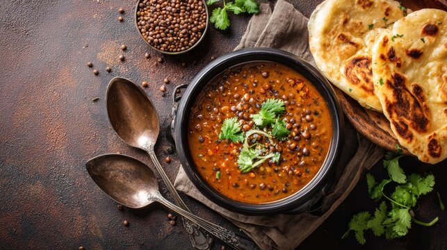 Traditional indian punjabi dal makhani with lentils and kidney beans served in black bowl with naan bread, fresh cilantro and rustic brown concrete table background, authentic homemade vegetarian cuis