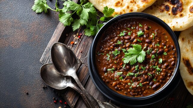 Traditional indian punjabi dal makhani with lentils and kidney beans served in black bowl with naan bread, fresh cilantro and rustic brown concrete table background, authentic homemade vegetarian cuis