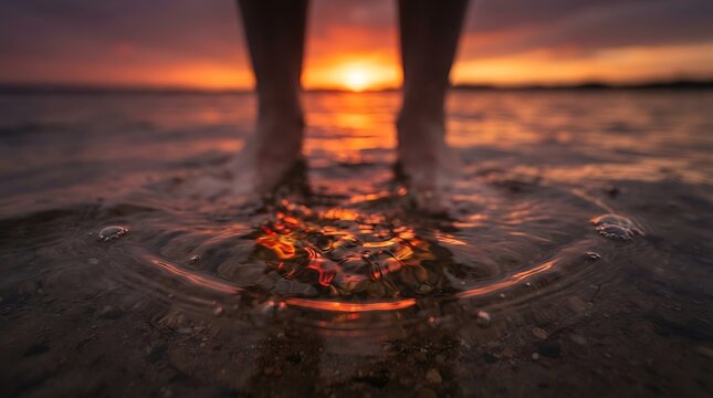 Person standing in shallow water at sunset, with vibrant orange and purple sky reflecting on the surface.