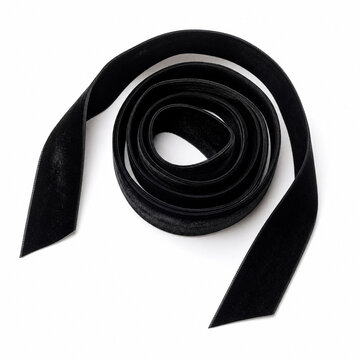 Overhead view of a black velvet ribbon coiled into a loose spiral with its cut ends splayed outward, on pure white. Generative AI photorealistic Halloween studio image isolated on white.