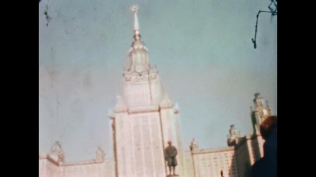 Main building of moscow state university on sparrow hills during sunny winter. Prominent example of stalinist architecture. No people. Old film. Archival retro. Vintage archive. 1960s Moscow Russia