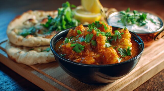 Aloo gobi traditional indian curry with potatoes and cauliflower, authentic homemade vegetarian dish, flavorful south asian cuisine, aromatic spiced comfort food, rustic restaurant style meal, healthy